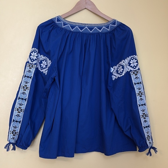 Crown & Ivy | Blue Embroidered Split Neck Tassel Tie Long Sleeve Bohemian Top M - Picture 16 of 16